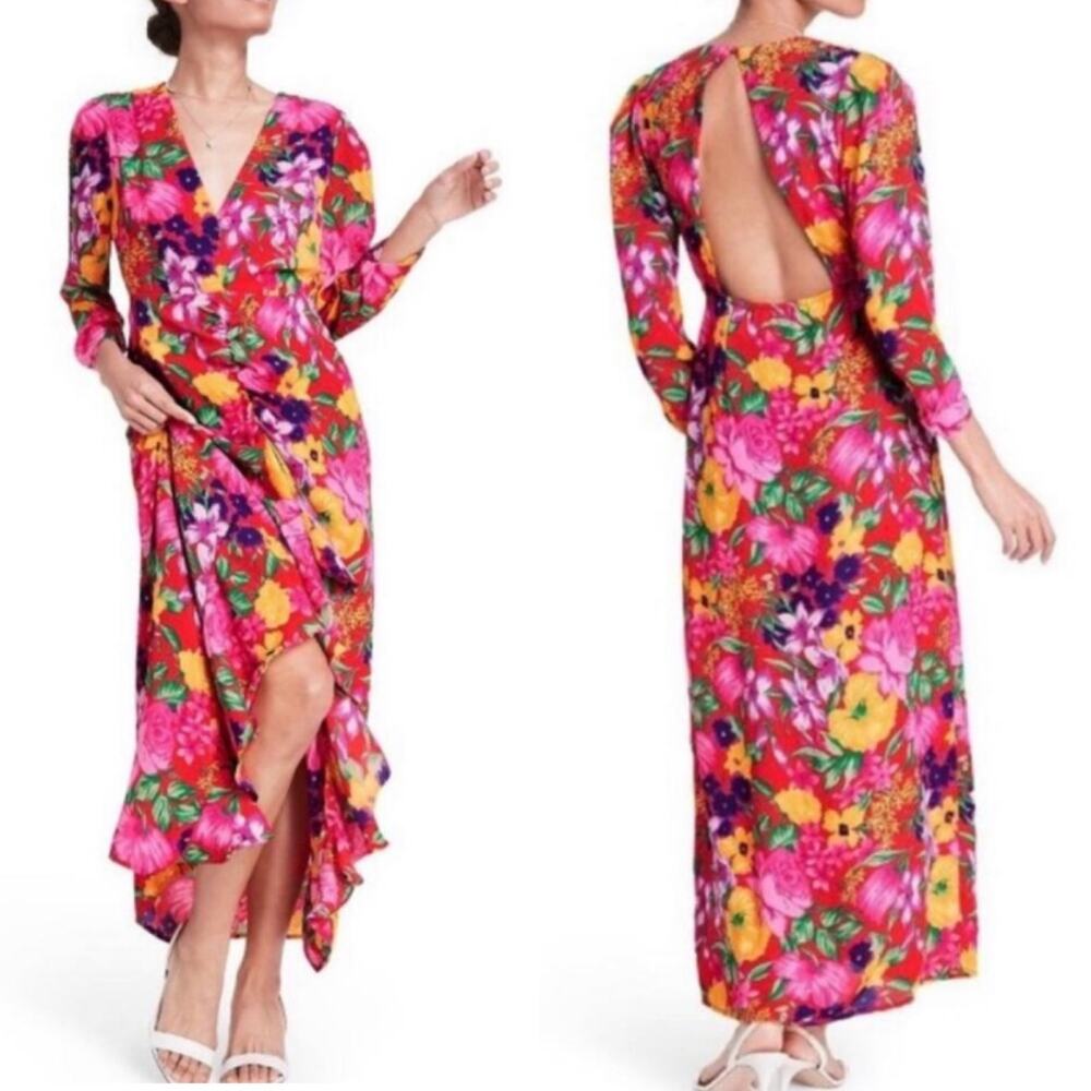 RIXO for Target Pink Floral Open Back Cascade Ruffle Midi Dress 4 NWT